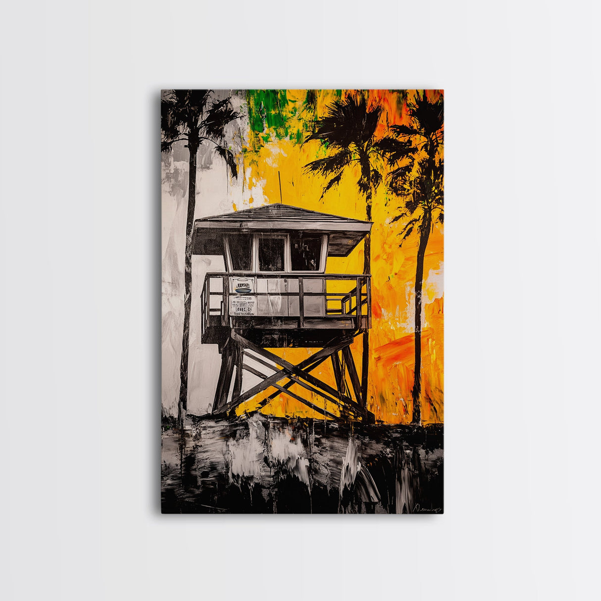 Lifeguard Tower, Beach House Art, Tropical Wall Art, Coastal Sunset, Vibrant Palm Trees, California Decor, Canvas Print, Living Room