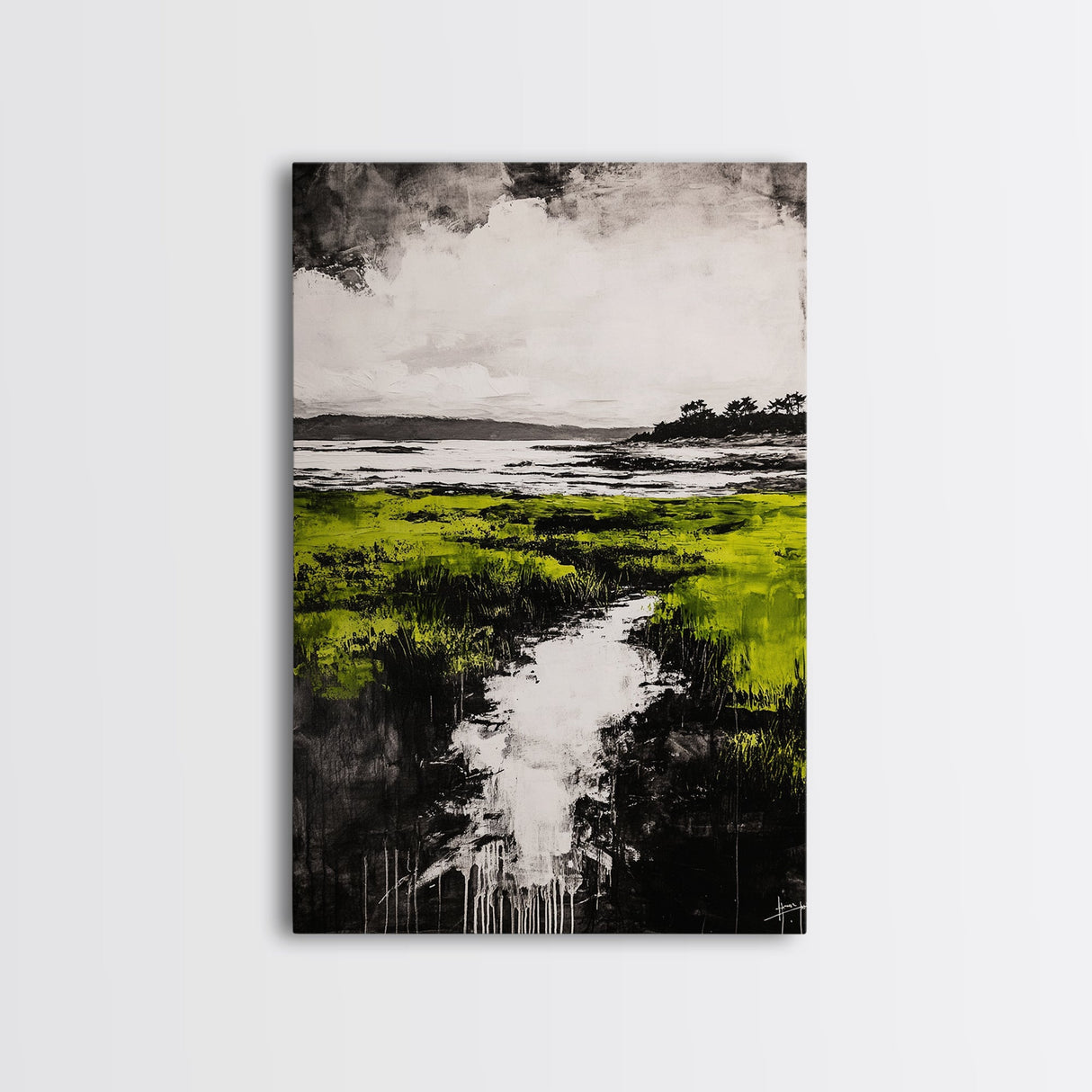 Marsh, Coastal Greenery, Landscape Wall Art, Framed Canvas Print, Nature Aesthetic, Living Room Decor, Serene Scenic View, Rustic Style
