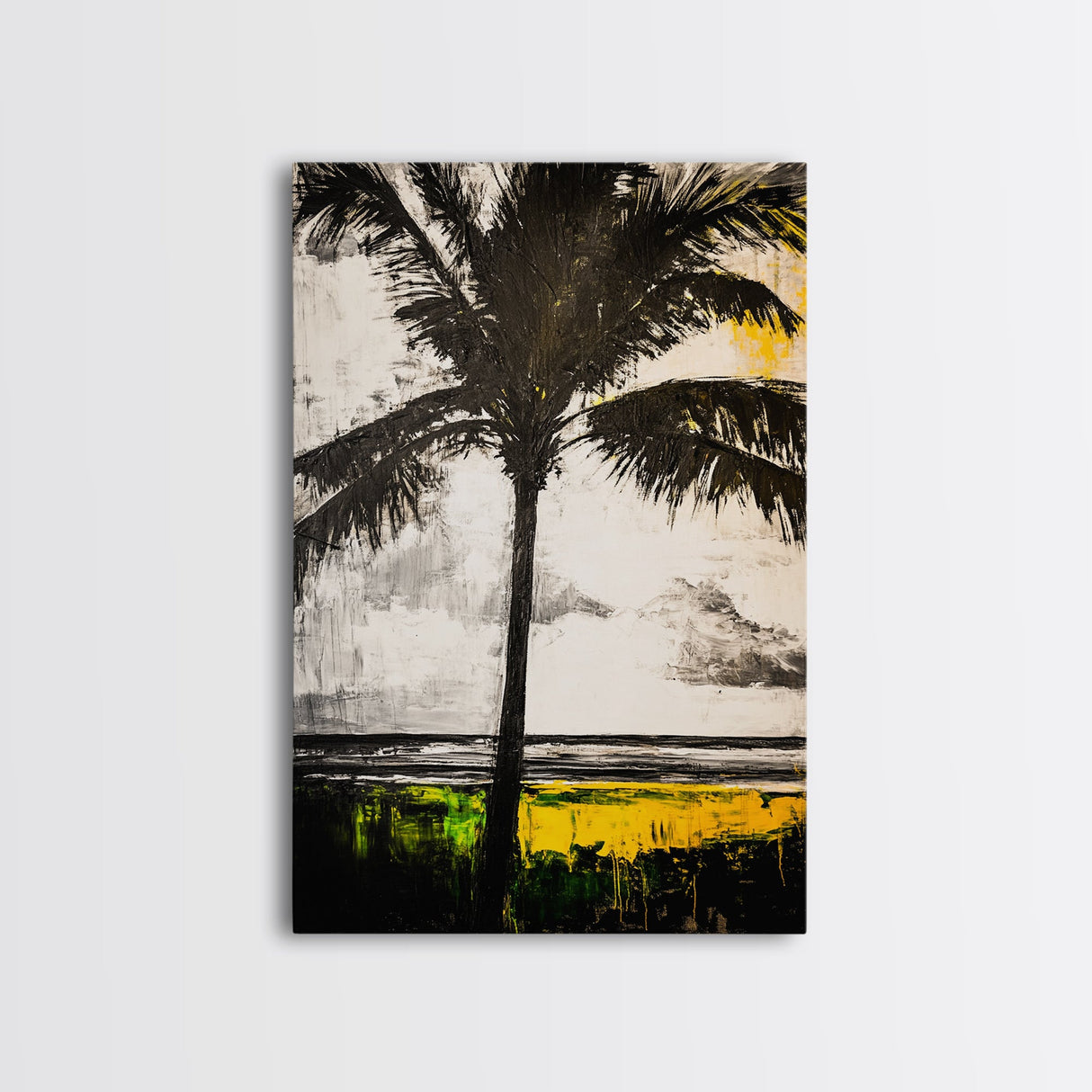 Palm Tree, Tropical Wall Art, Beach House Decor, Relaxing Coastal Print, Island Aesthetic, Monochrome Painting, Framed Canvas Print