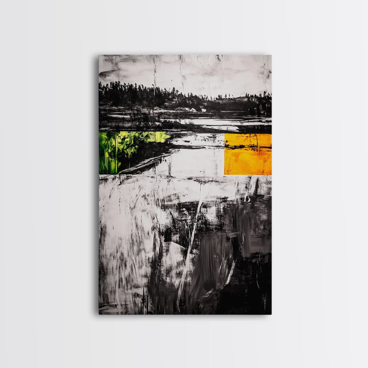 Minimalist Landscape, Abstract Nature, Modern Print, Contemporary Painting, Black and White, Green Accents, Framed Canvas Print, Bedroom Art
