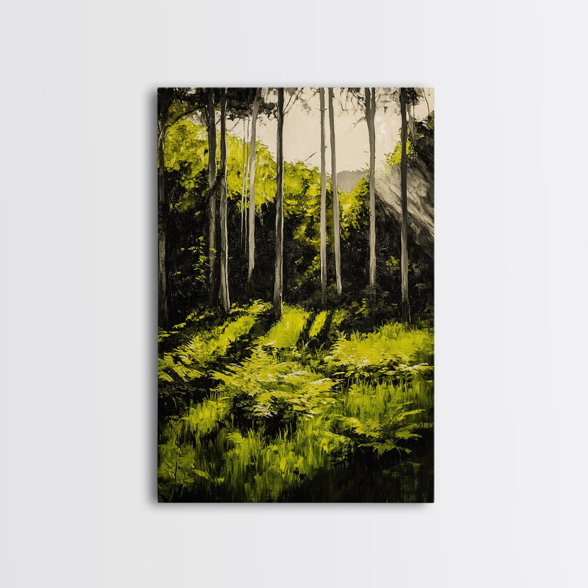 Forest Scene, Green Woodland Art, Sunlit Trees Print, Serene Nature Wall Decor, Cozy Cabin Art, Framed Canvas Print, Rustic Home Decor