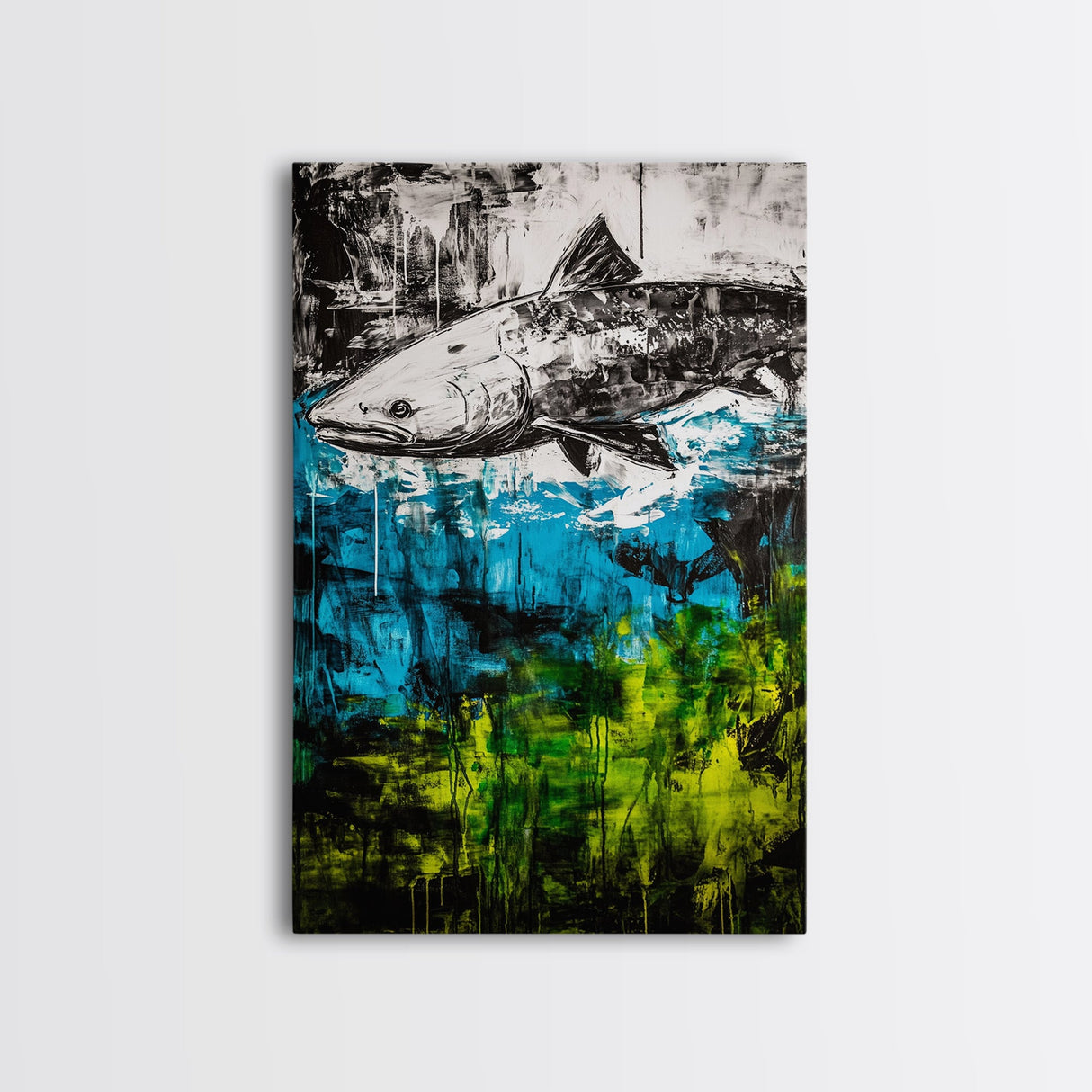 Fish Underwater, Blue Green Art, Abstract Ocean, Framed Canvas Print, Living Room Decor, Coastal Wall Art, Nautical Home Decor