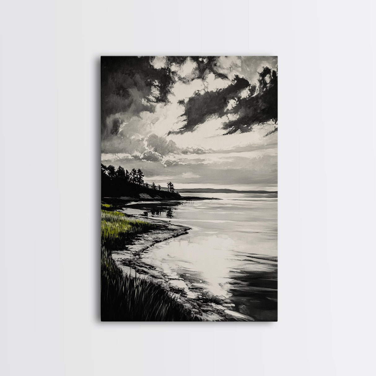 Moody Landscape, Black and White Art, Dramatic Sky, Coastal Scene, Nature Painting, Modern Home Decor, Minimalist Style, Framed Canvas Print