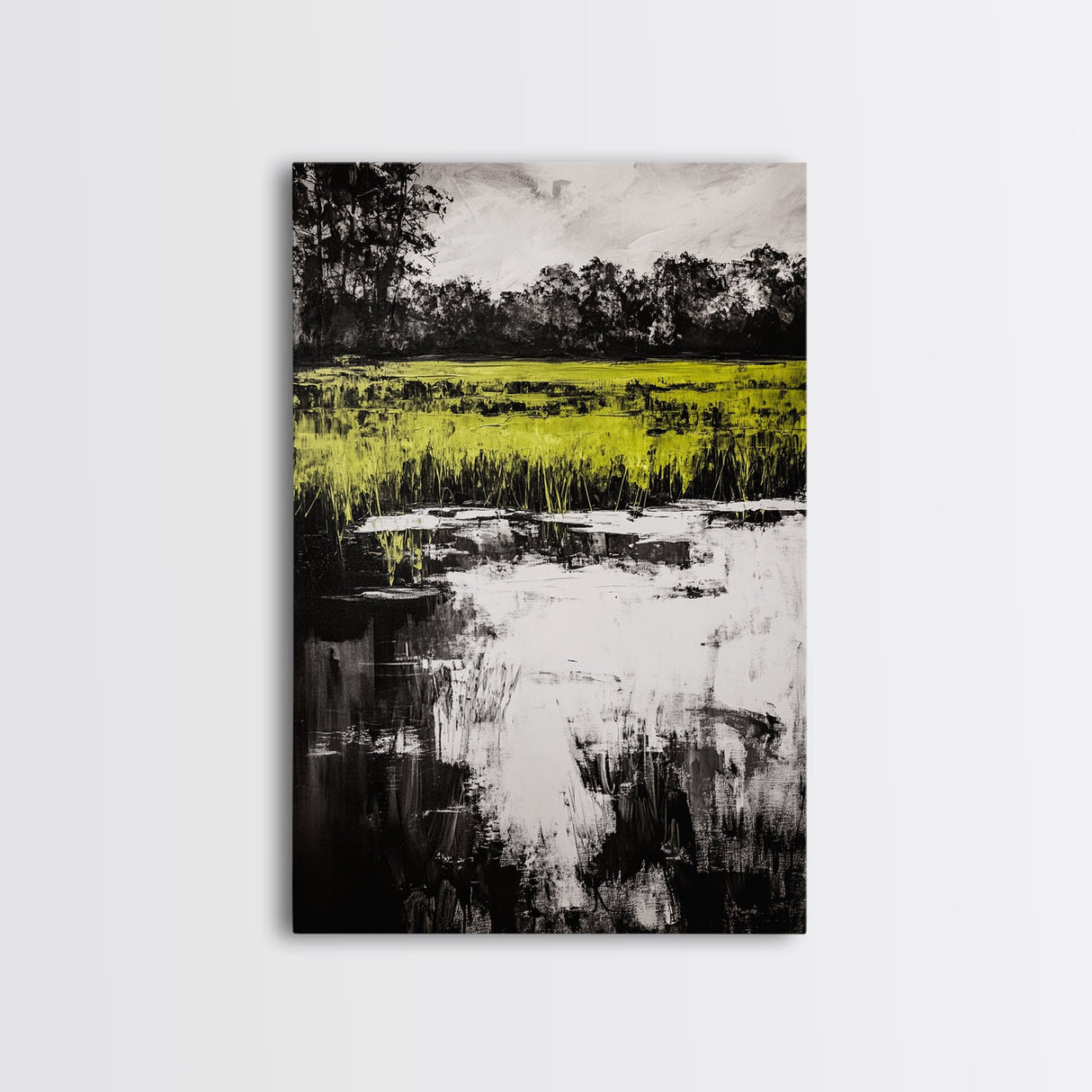Marshland Reflections, Nature Landscape, Black and White Wall Art, Rustic Home Decor, Framed Canvas Print, Minimalist Aesthetic, Office Art