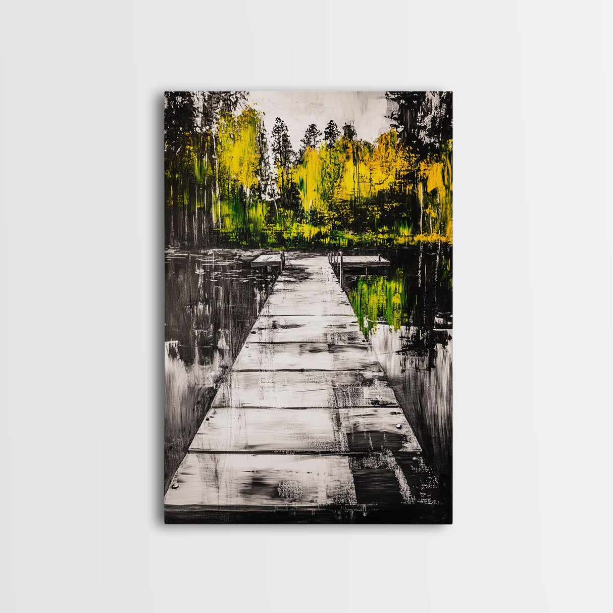 Wooden Dock View, Lake House Art, Nature Landscape Print, Rustic Wall Decor, Framed Canvas Print, Black and White Photography, Cabin Art