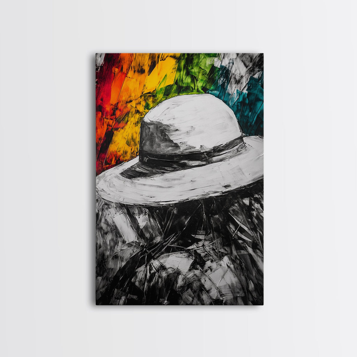 White Hat, Western Art, Framed Canvas Print, Southwestern Decor, Rustic Wall Art, Colorful Abstract Art, Boho Living Room Art