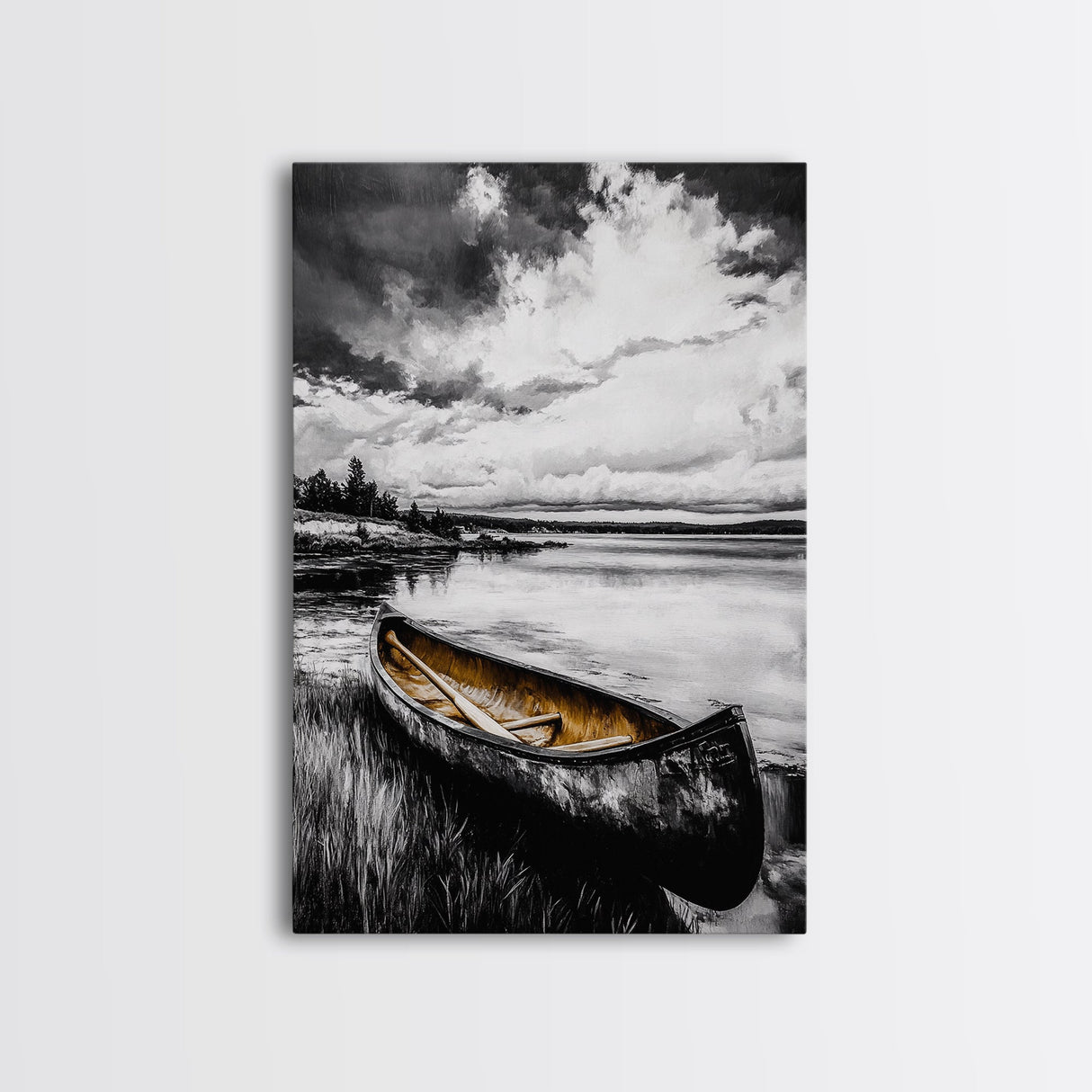 Rustic Canoe, Lake Wall Art, Black and White Decor, Nature Photography, Lodge Wall Decor, Cabin Art, Wilderness Print, Framed Canvas Print