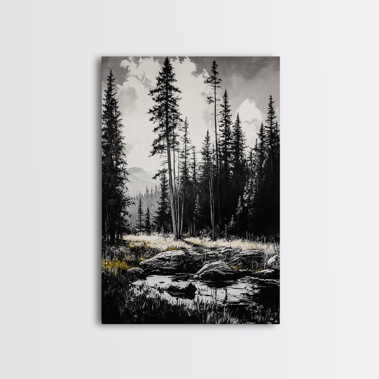 Forest Landscape Print, Black and White Tree Art, Cabin Wall Decor, Nature Inspired Art, Minimalist Scene, Framed Canvas Print