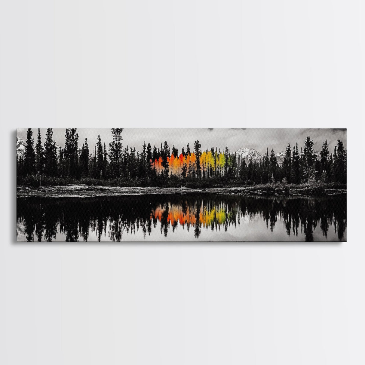Fall Reflections, Black and White Forest, Vibrant Autumn Colors, Nature Photography, Living Room Wall Art, Canvas Print, Large Wall Art