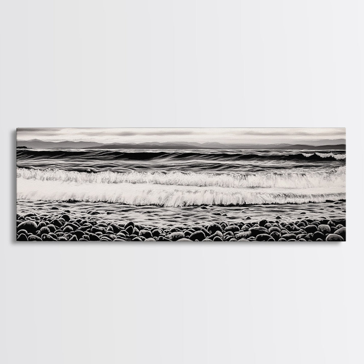 Black and White, Pebble Beach, Monochrome Ocean Art, Coastal Canvas Print, Minimalist Wall Art, Living Room Decor, Framed Canvas Print