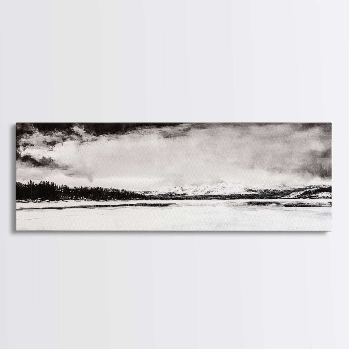 Snowy Lake Scene, Minimalist Landscape, Framed Canvas Print, Winter Wall Art, Serene Home Decor, Modern Office Art, Monochrome Nature Painting