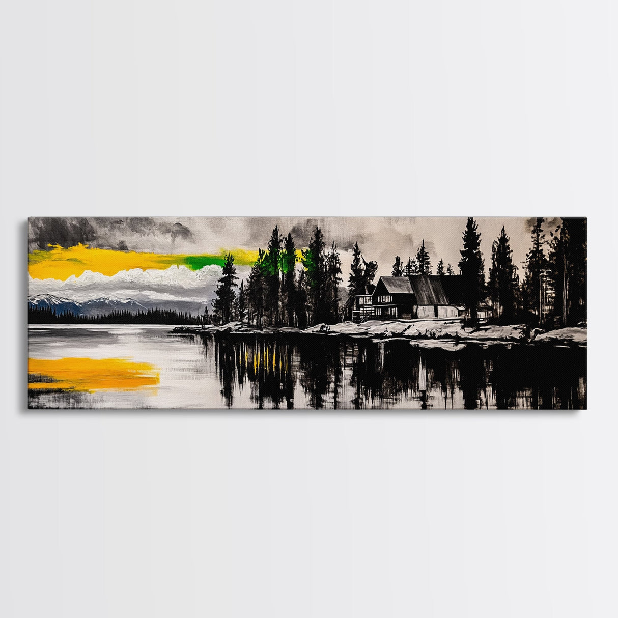 Lake House Painting, Reflection Water Art, Cabin Retreat Wall Decor, Tranquil Nature Print, Mountain Sunset, Canvas Print