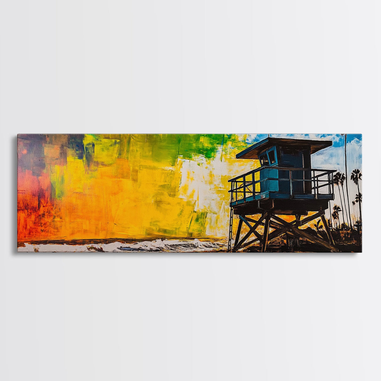 Lifeguard Tower, Coastal Beach Art, Sunset Painting, Vibrant Wall Art, Framed Canvas Print, Large Wall Art, Living Room Decor, Modern Art