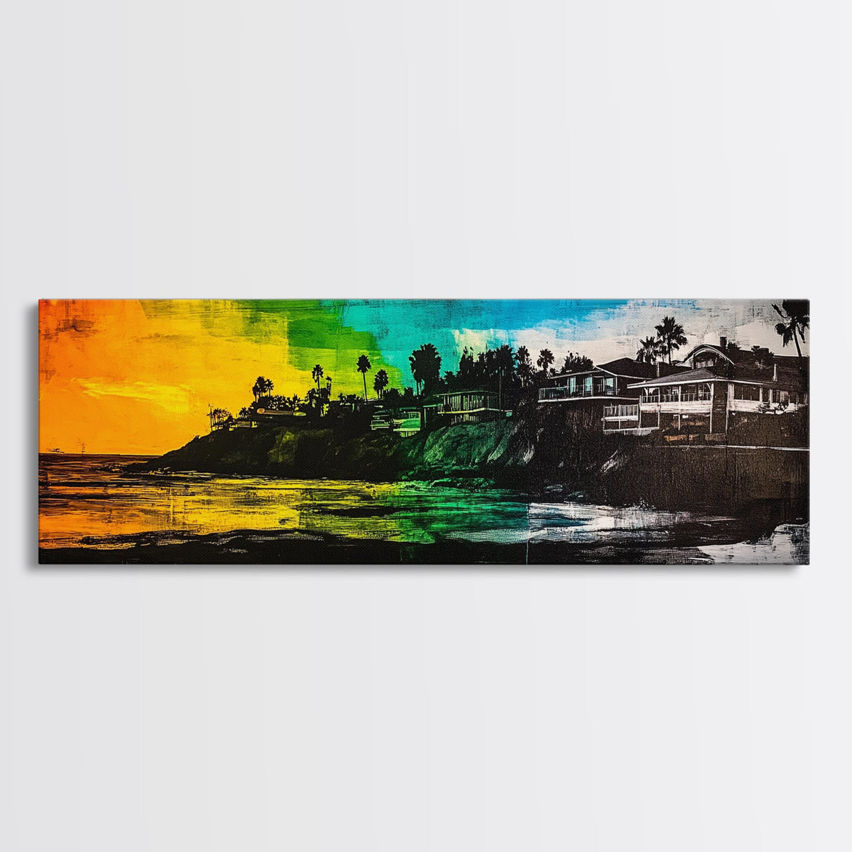 Sunset Cliffs, Vibrant Beach, Palm Trees Art, Coastal Home, Canvas Print, Colorful Seascape, Boho Wall Art, Modern Interior
