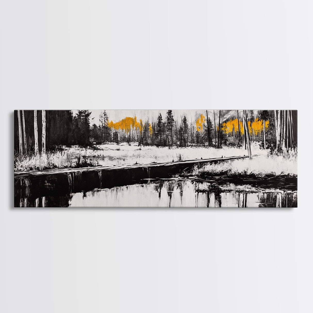 Forest Reflection, Wooden Bridge, Still Water, Black and White, Framed Canvas Print, Minimalist Wall Art, Living Room Art, Nature Decor