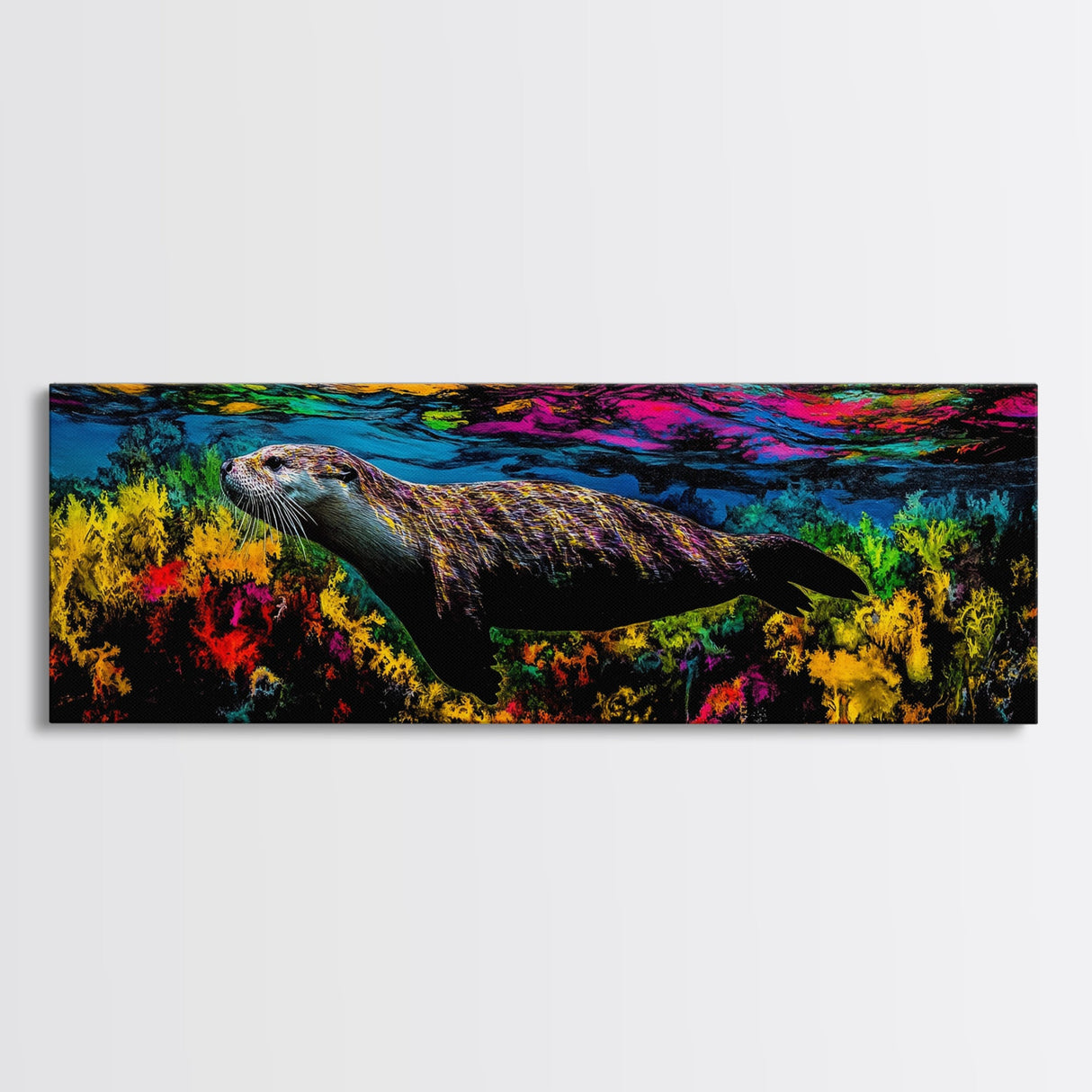 Ocean Wildlife, Vibrant Otter, Underwater Scene, Framed Canvas Print, Colorful Wall Art, Marine Life, Coastal Decor, Kids Room Art