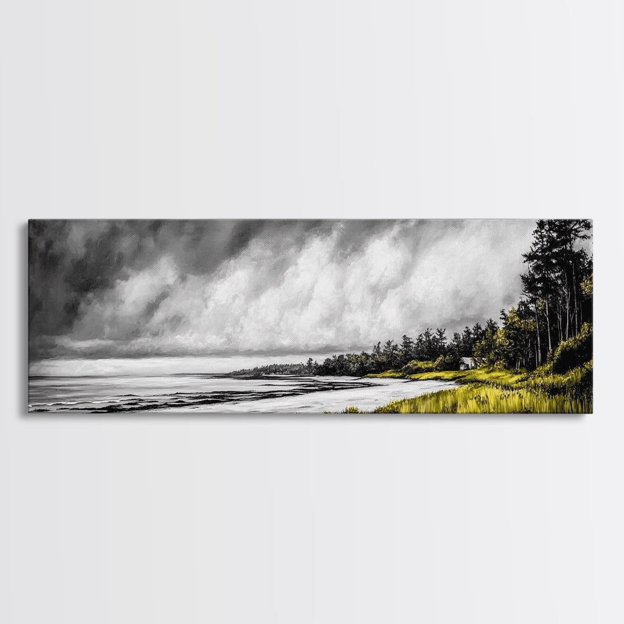 Stormy Coast, Dramatic Sky, Seaside Serenity, Framed Canvas Print, Black and White Art, Large Wall Decor, Living Room Statement