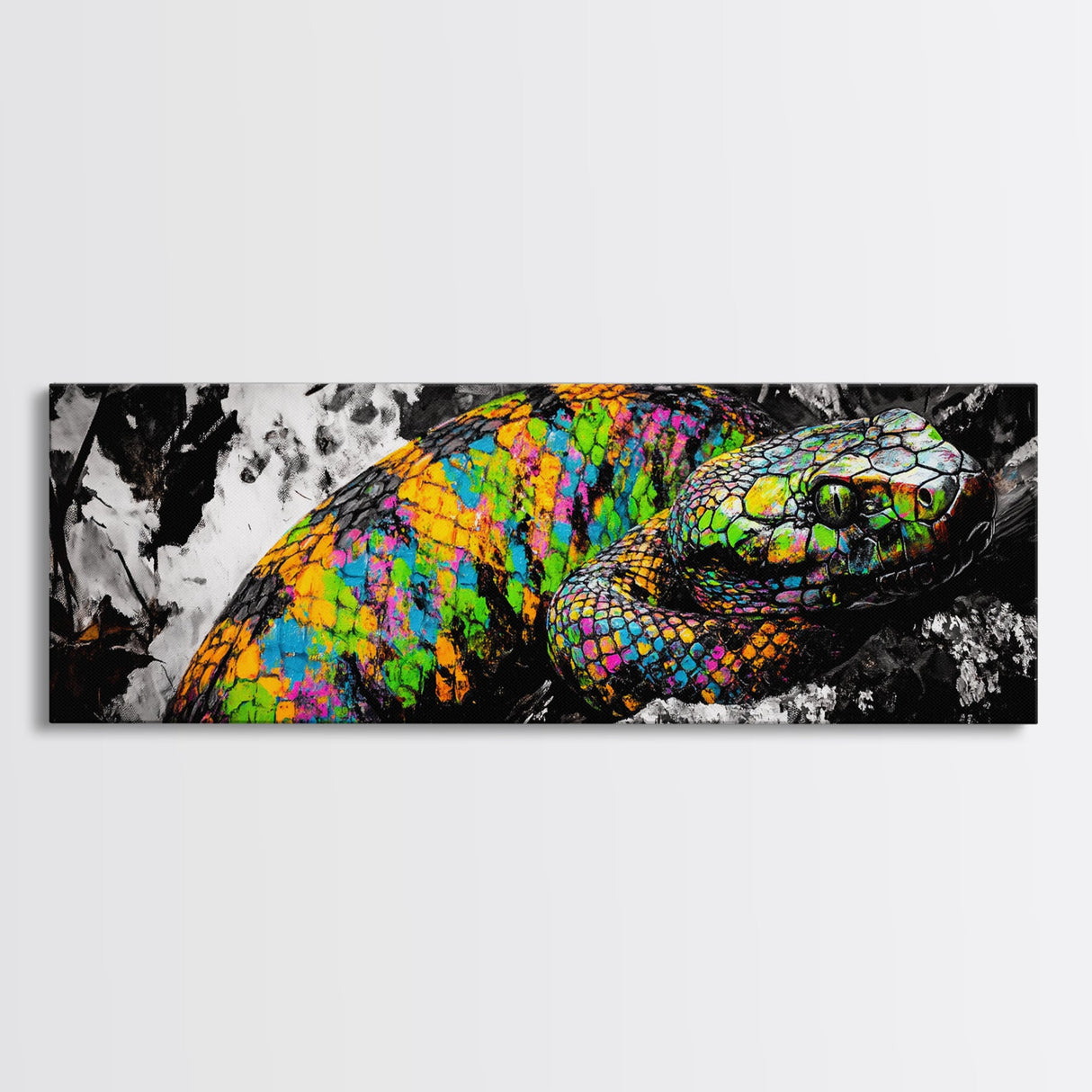 Colorful Snake, Psychedelic Reptile Art, Nature Painting, Wildlife Print, Vibrant Scales, Unique Wall Decor, Framed Canvas Print