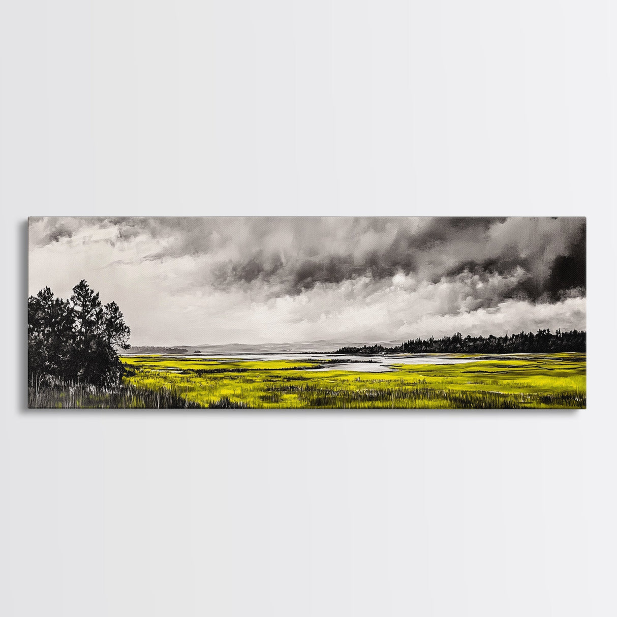 Marshland Storm, Nature Landscape, Canvas Print, Black and White Wall Art, Moody Home Decor, Living Room Artwork, Dramatic Painting, Rustic Style
