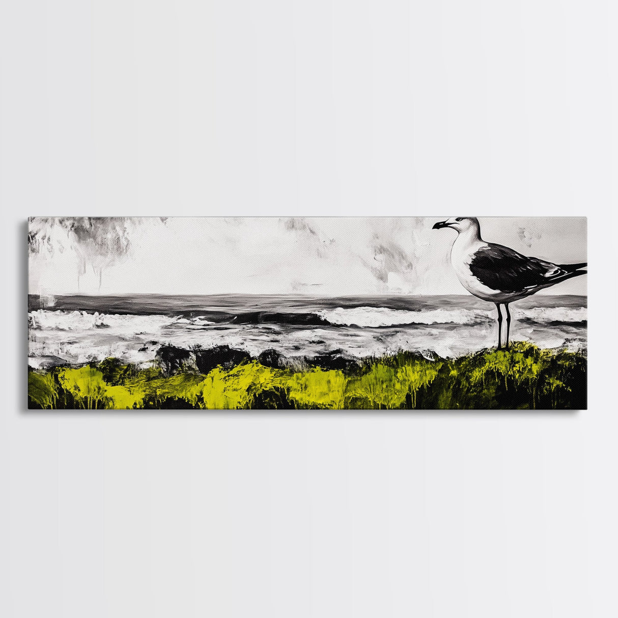 Seagull Perch, Ocean Shore, Moody Sky, Framed Canvas Print, Coastal Wall Art, Beach House Decor, Nautical Artwork, Nature Inspired