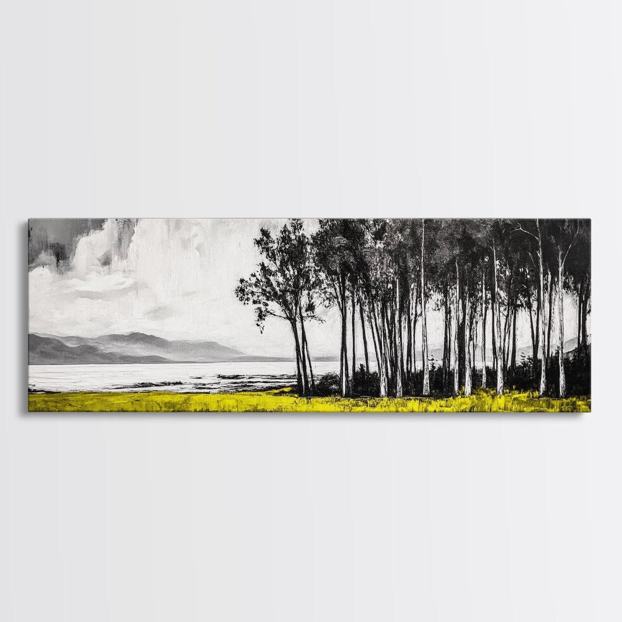 Lakeside Trees, Tranquil Landscape Art, Serene Nature Print, Black White Wall Decor, Peaceful Home Aesthetic, Framed Canvas Print