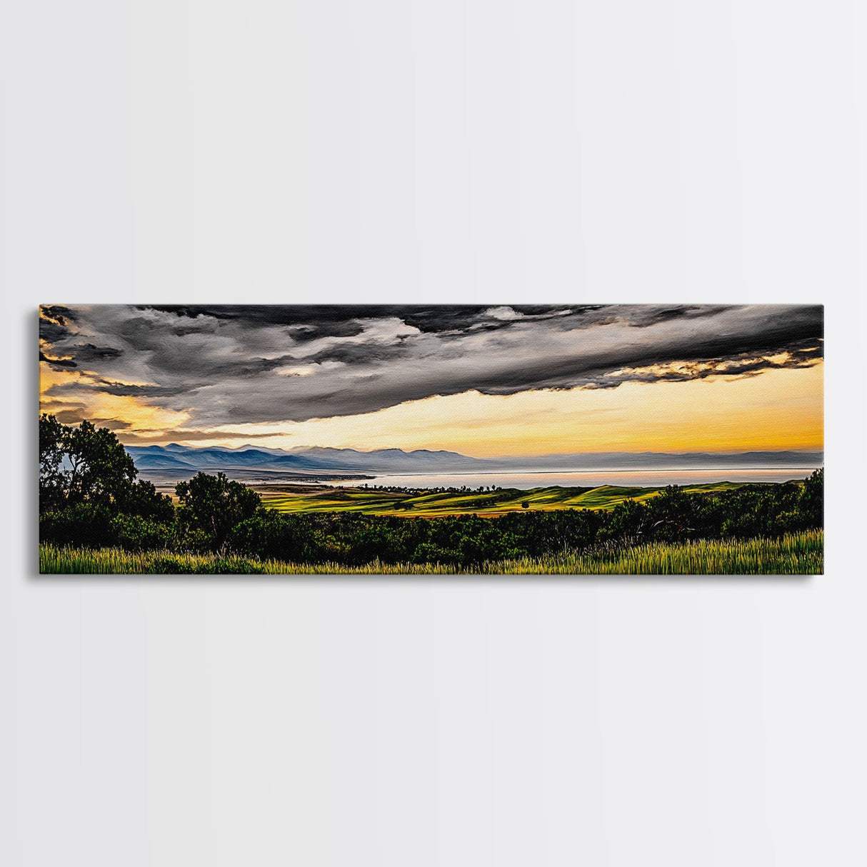 Golden Field, Sunset Overlook, Nature Landscape, Framed Canvas Print, Dramatic Sky, Rolling Hills, Rustic Farmhouse Decor, Large Wall Art