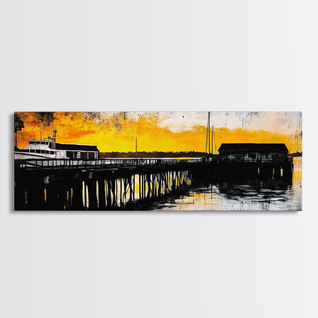 Sunset Pier, Coastal Wall Art, Nautical Art, Framed Canvas Print, Rustic Wall Decor, Boho Art, Living Room Art, Boat Painting