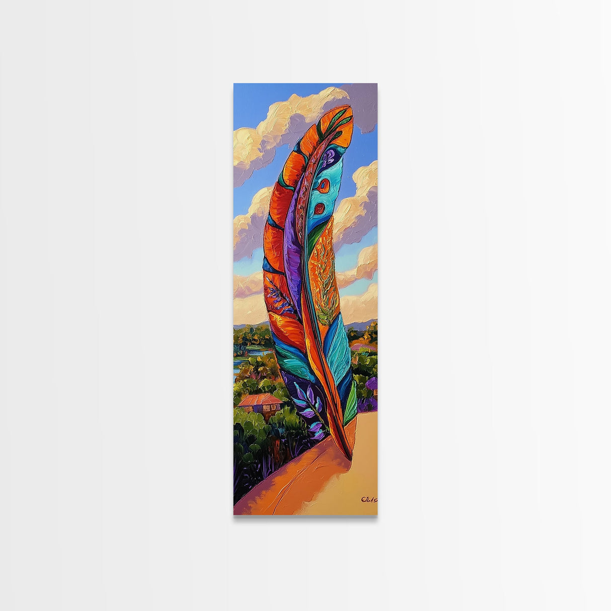 Feather Sky, Tribal Colorful, Bold feather landscape Framed Canvas Print, boho chic wall art, meditation room wall decor