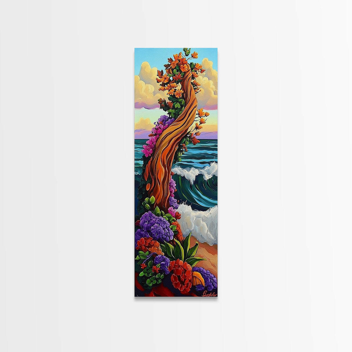 Tree Ocean, Flowers Waves, Whimsical tree by sea Framed Canvas Print, vibrant fantasy wall art, kids room or decor