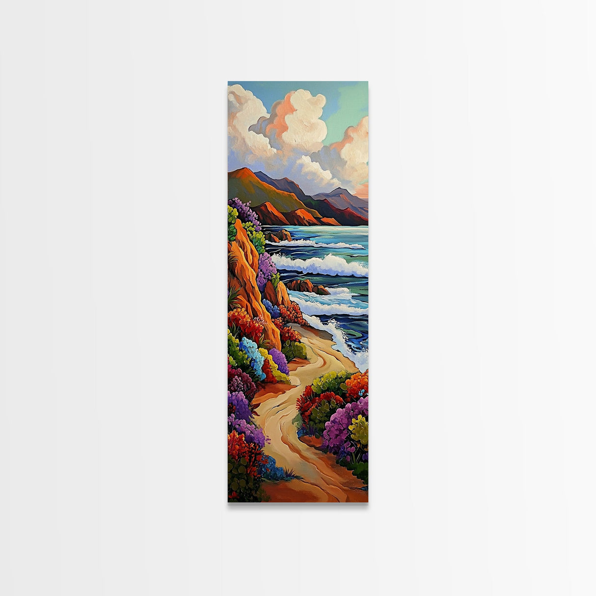 Ocean Cliffside, Wildflowers Path, Canvas Print colorful coastal path painting, vibrant nature landscape, modern beach art, kitchen wall decor
