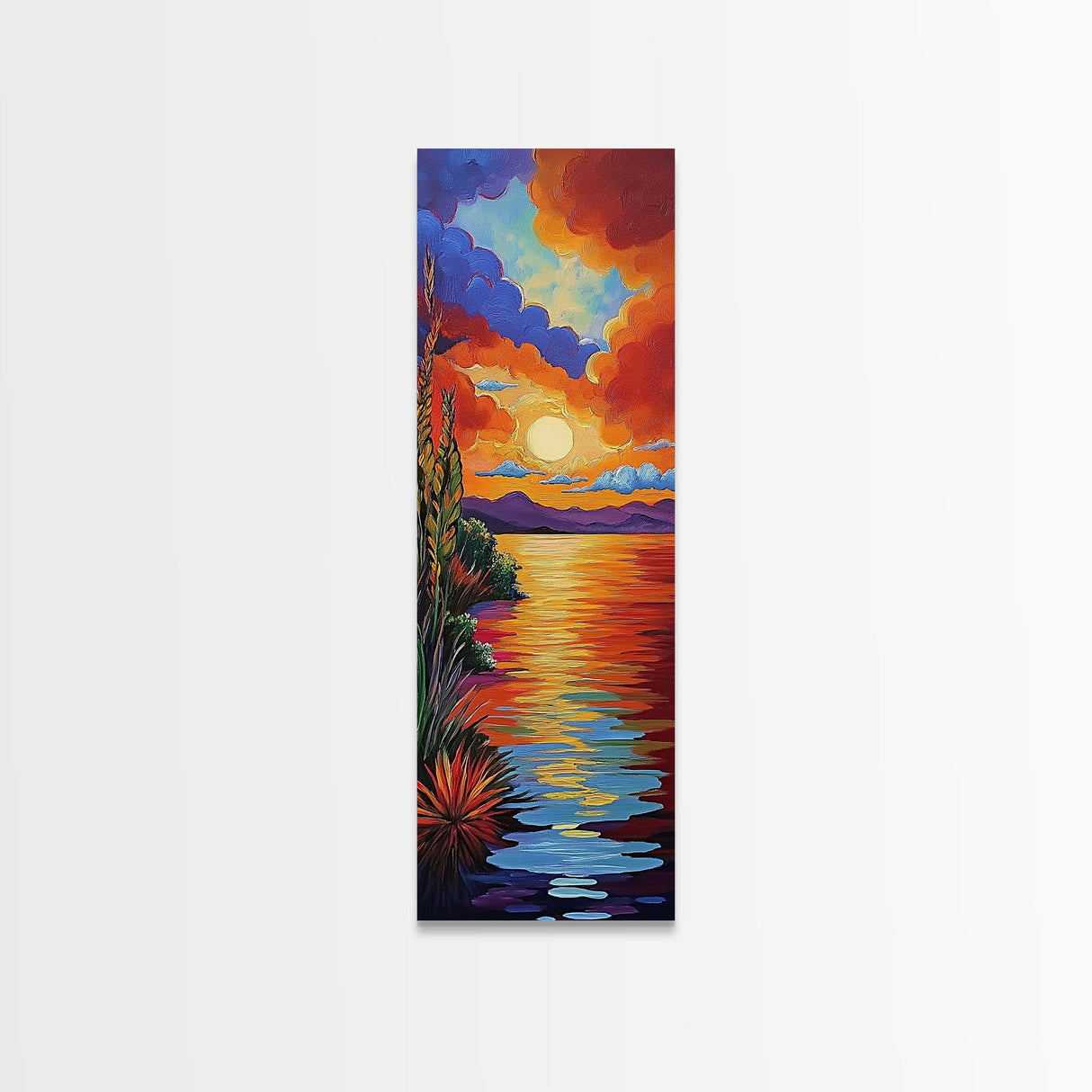 Sunset Reflections, Bold Lake, Framed Canvas Print vibrant sunset over water, colorful sky and lake scene, tranquil evening art, nature decor