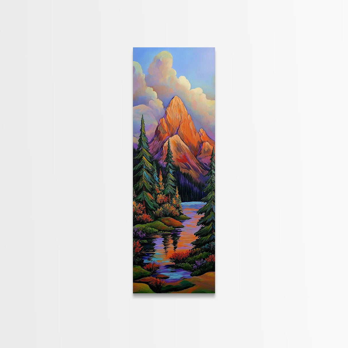 Mountain Pines, Autumn Stream, Framed Canvas Print vibrant alpine landscape painting, autumn trees and lake reflection, rustic lodge wall decor