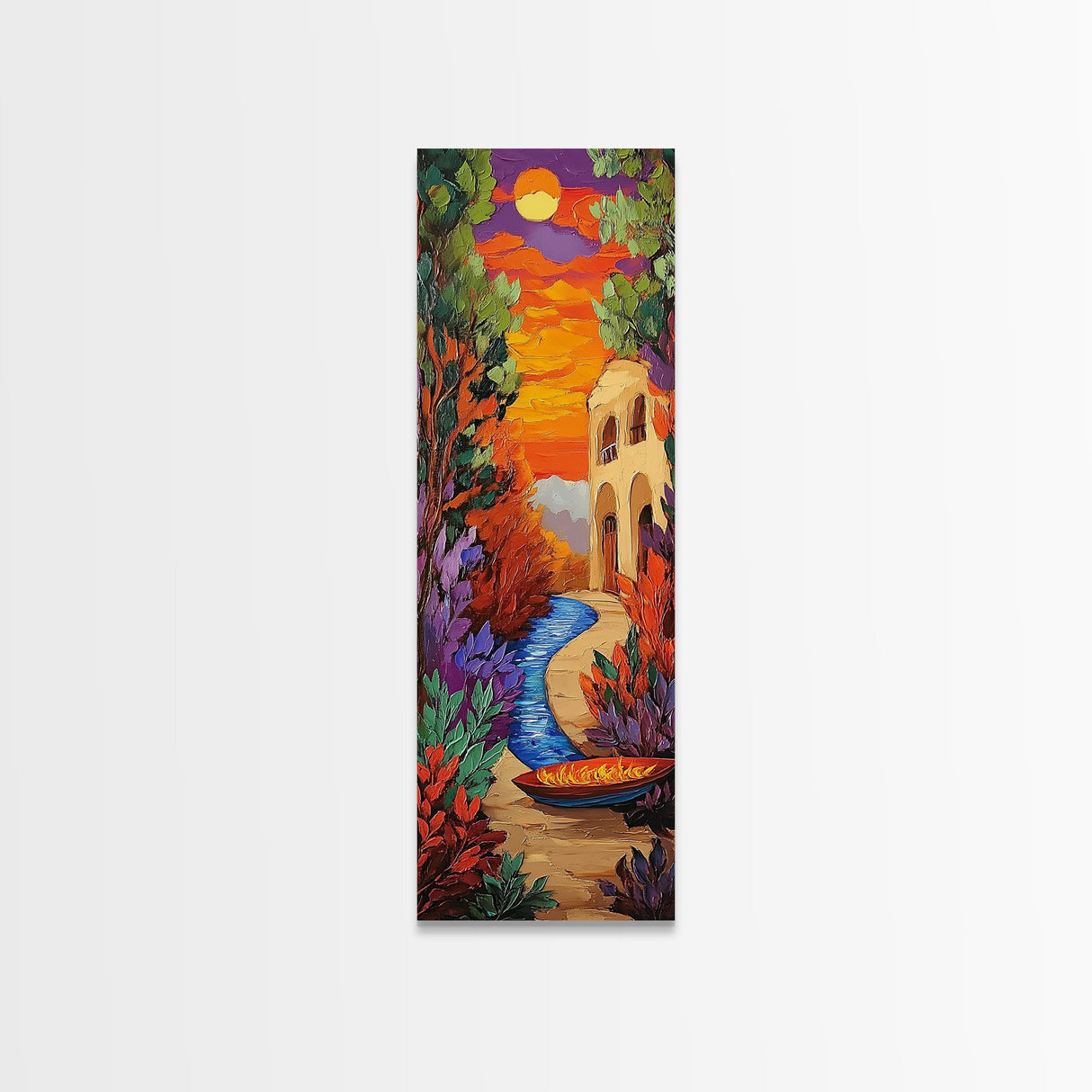 Sunset River, Autumn Glow – Framed Canvas Print fall foliage landscape art, moody abstract painting, warm tones hallway wall art, boho decor