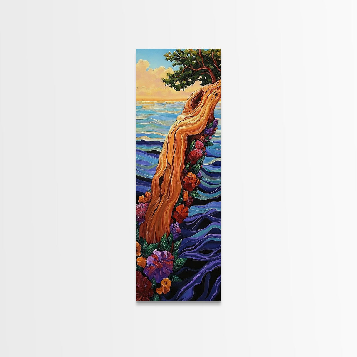 Driftwood Tree, Ocean Flowers, Nature Fantasy, Framed Canvas Print, colorful whimsical beach art, botanical art, coastal living room decor