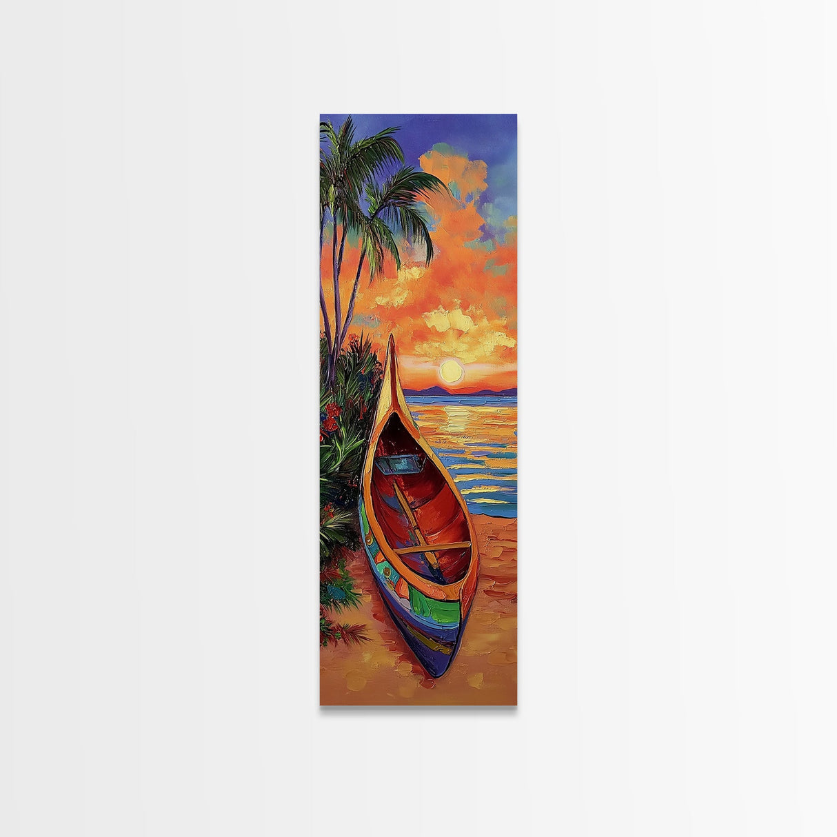 Sunset, Boat, Beach, Tropical, Framed Canvas Print, coastal boat painting, beach wall art, living room decor, colorful sunset, nautical art