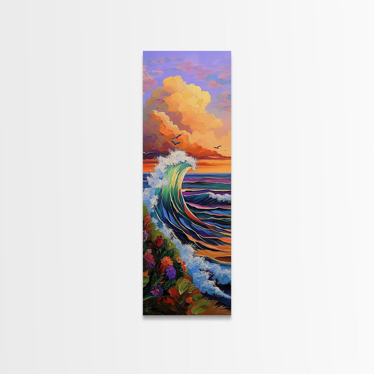 Wave, Sunset, Surf, Ocean, Canvas Print, dramatic wave crashing painting, sunset surf wall art, vibrant beach decor, surf shack canvas