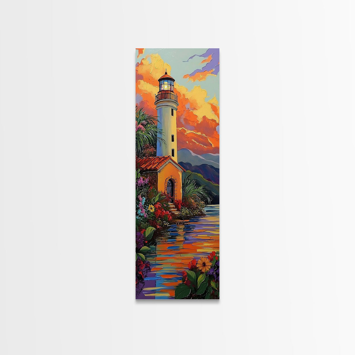 Lighthouse, Mountains, Sunset, Water, Framed Canvas Print, Coastal Landscape Wall Art, Nautical Home Decor, Vibrant Living Room Artwork