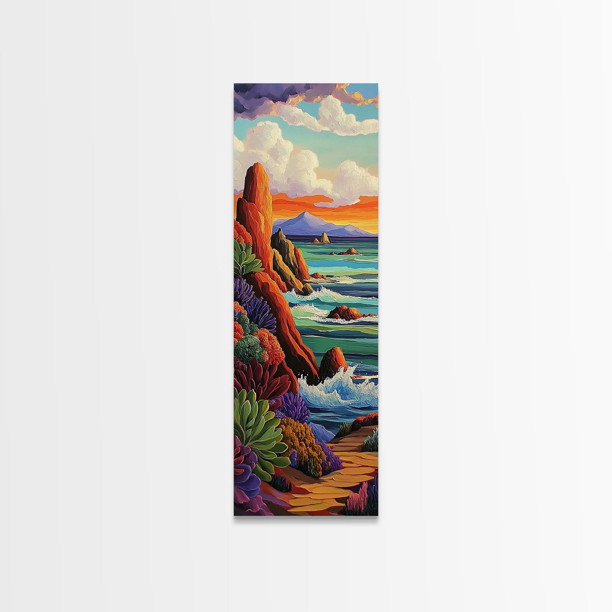 Coastal, Sunset, Seascape, Vibes, Framed Canvas Print of ocean cliffs and crashing waves, modern coastal wall art, beach house decor