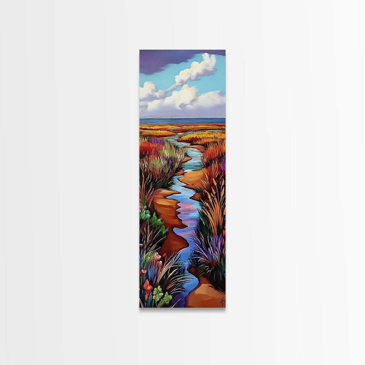 Wildflower, Marsh, Coastal, Path, Framed Canvas Print with golden autumn grasses, colorful marshland, farmhouse entryway wall decor