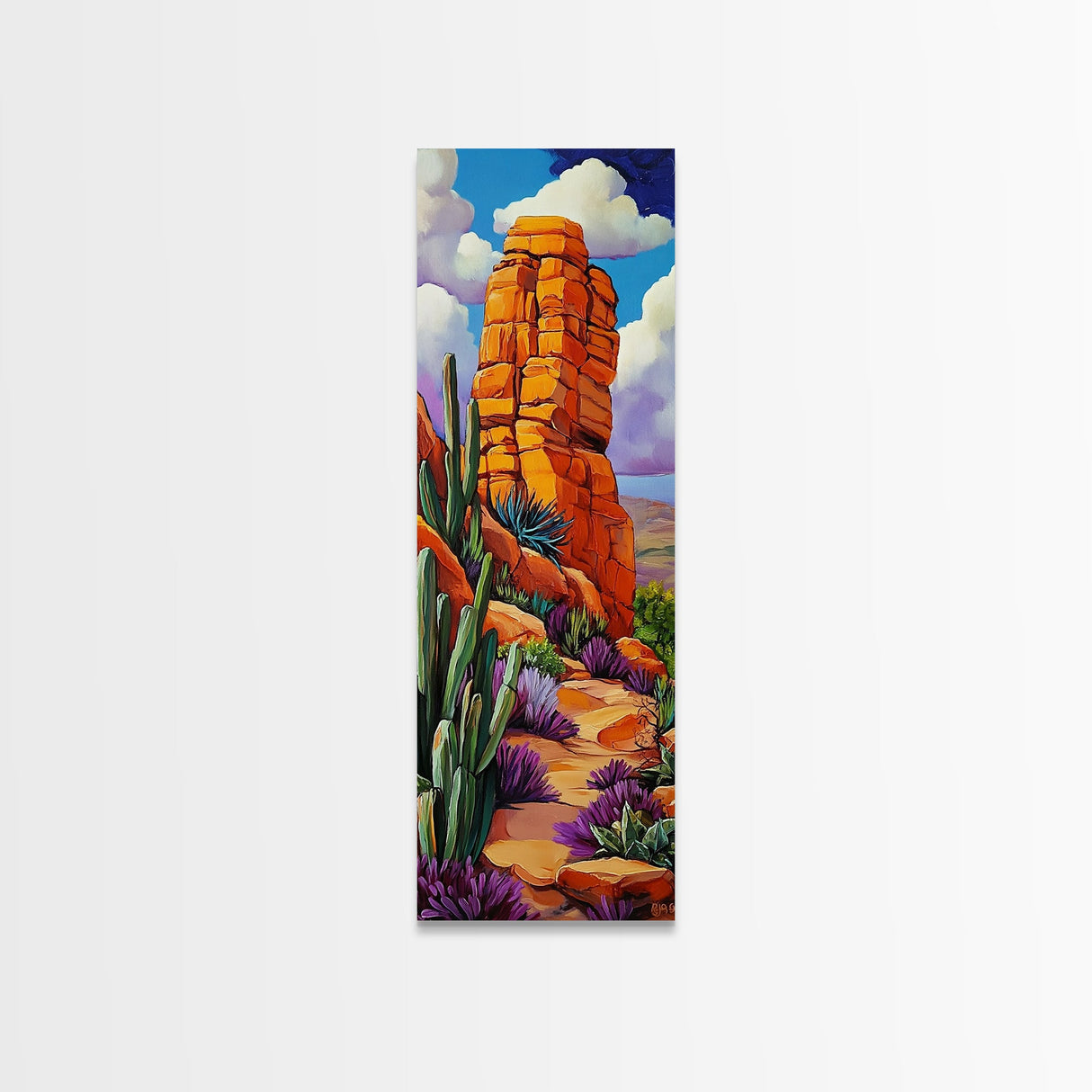 Desert Rock, Cactus, Trail – Canvas Print desert landscape art, boho western decor, rustic cactus painting, hallway wall decor, earthy tones