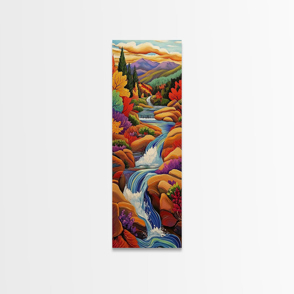 Autumn Waterfall, Mountain, River — Canvas Print of fall mountain river scene, great for Rustic Cabin Decor or Autumn Living Room Wall Art