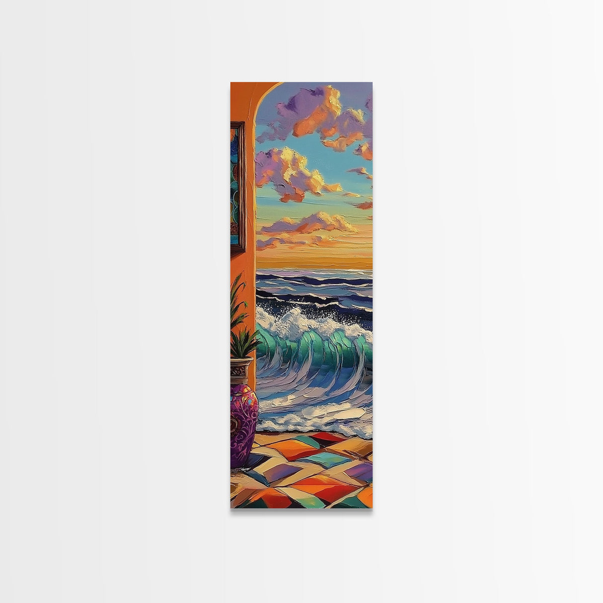 Waves Archway, Ocean, Framed Canvas Print, Coastal Wall Art, Colorful Boho Living Room Decor, Mediterranean Beach Home Accent Piece