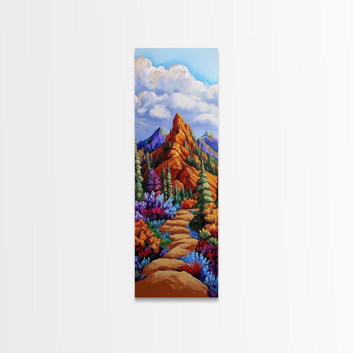 Trail Path, Wildflowers, Mountain View, Nature Escape Scene, Framed Canvas Print, Rustic Boho Wall Art, Cabin Entryway Decor