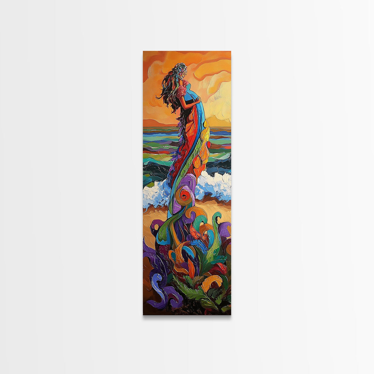 Mother Ocean, Rainbow, Canvas Print, Colorful mother nature figure by ocean painting, whimsical spiritual art, meditation room wall art