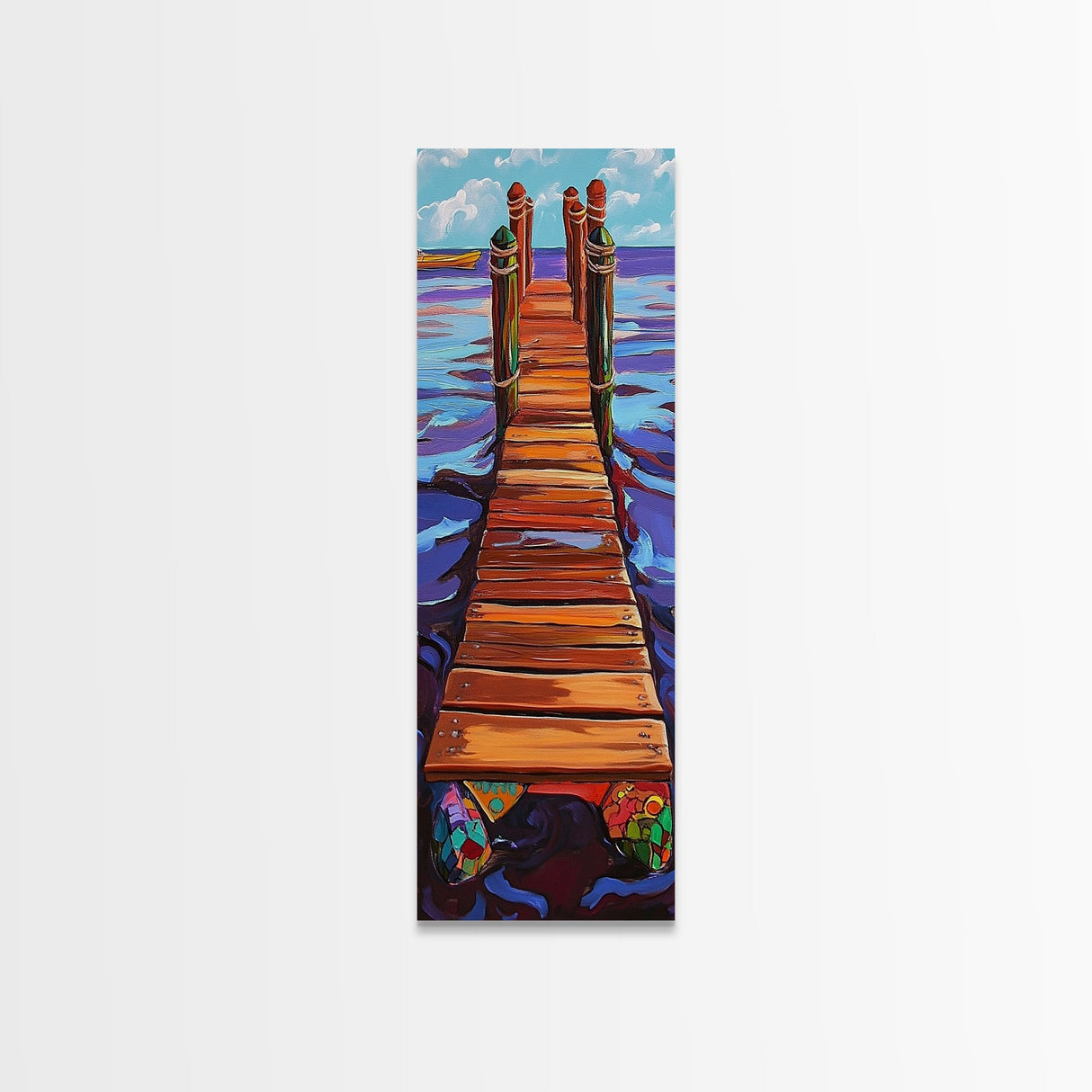 Dock Ocean, Pier, Framed Canvas Print, Seaside Wall Art, Nautical Coastal Decor, Whimsical Ocean Painting, Beach House Style