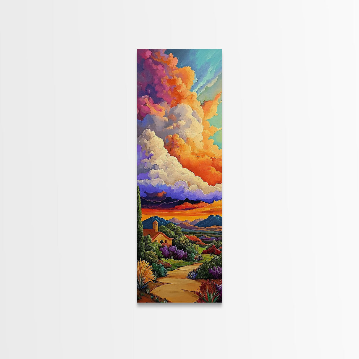 Church Sunset, Mountains, Framed Canvas Print, Autumn Landscape Wall Art, Rustic Living Room Decor, Colorful Fall Countryside Scene