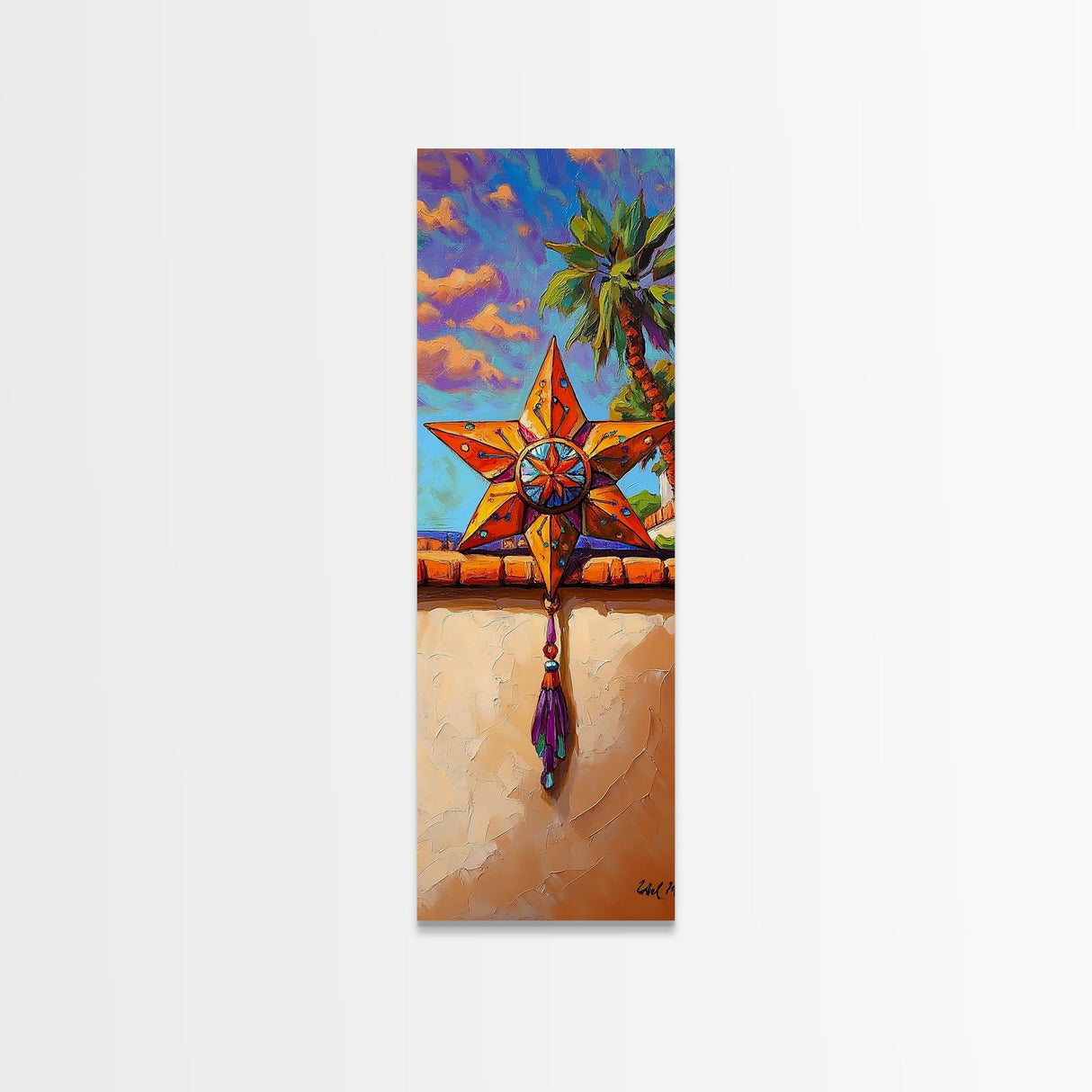 Star Sunset, Fiesta, Palm - Canvas Print Mexican star art, vibrant outdoor wall decor, rustic fiesta painting, patio or entryway accent