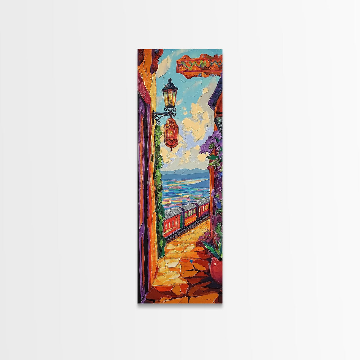Train Seaside, Pathway Charming — Framed Canvas Print, whimsical travel artwork, Mediterranean street painting, kitchen decor, coastal scene