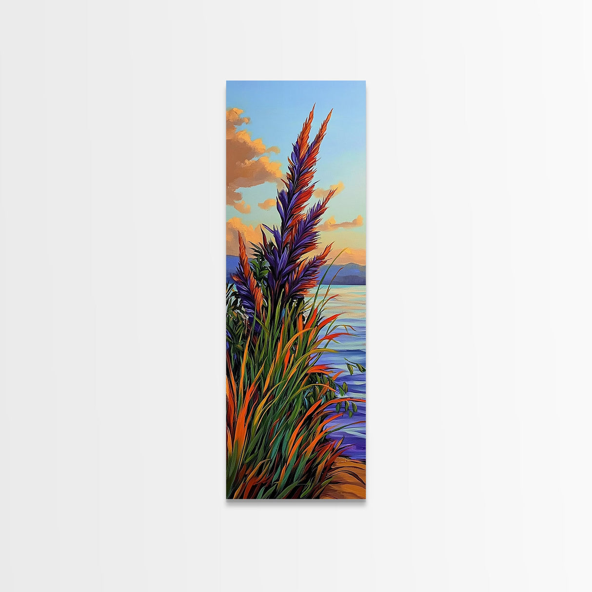 Feather Grass, Sunset Field, Colorful Coastal Landscape, Framed Canvas Print, Boho Bedroom Wall Art, Nature Inspired Living Room Decor