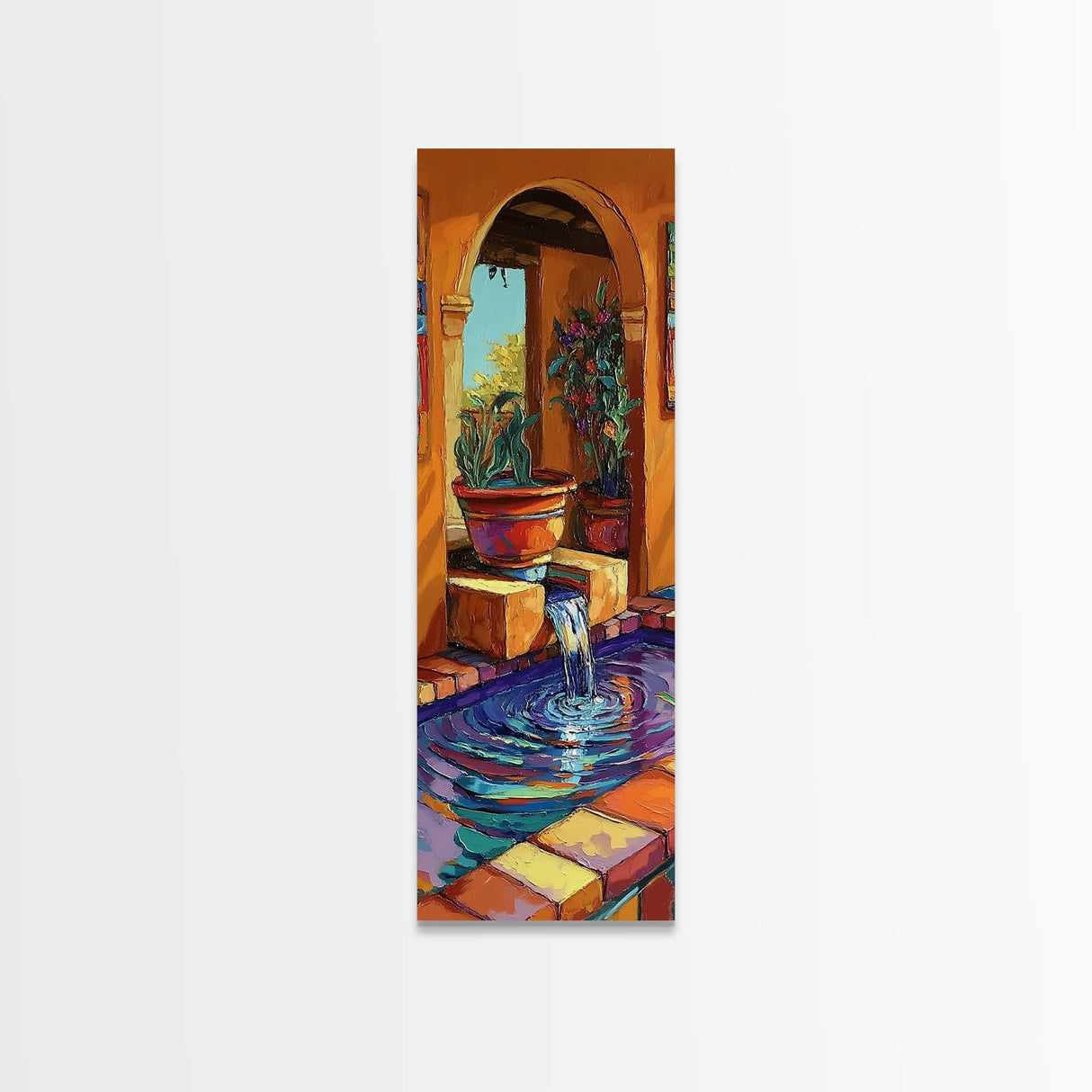 Courtyard Fountain, Terracotta Colors, Spanish Style Decor, Framed Canvas Print, Rustic Kitchen Wall Art, Mediterranean Patio Scene